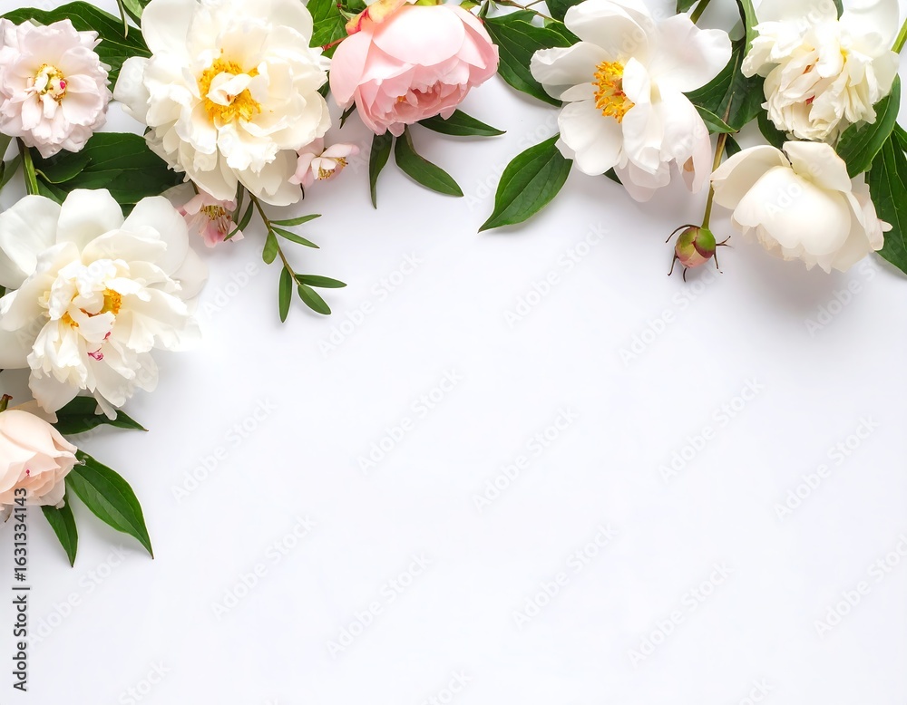 Fototapeta premium Delicate pastel peonies and greenery arranged in a half-frame border on a white background