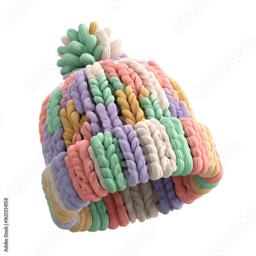Knitted winter hat in rainbow pastel clay design, festive and cozy.