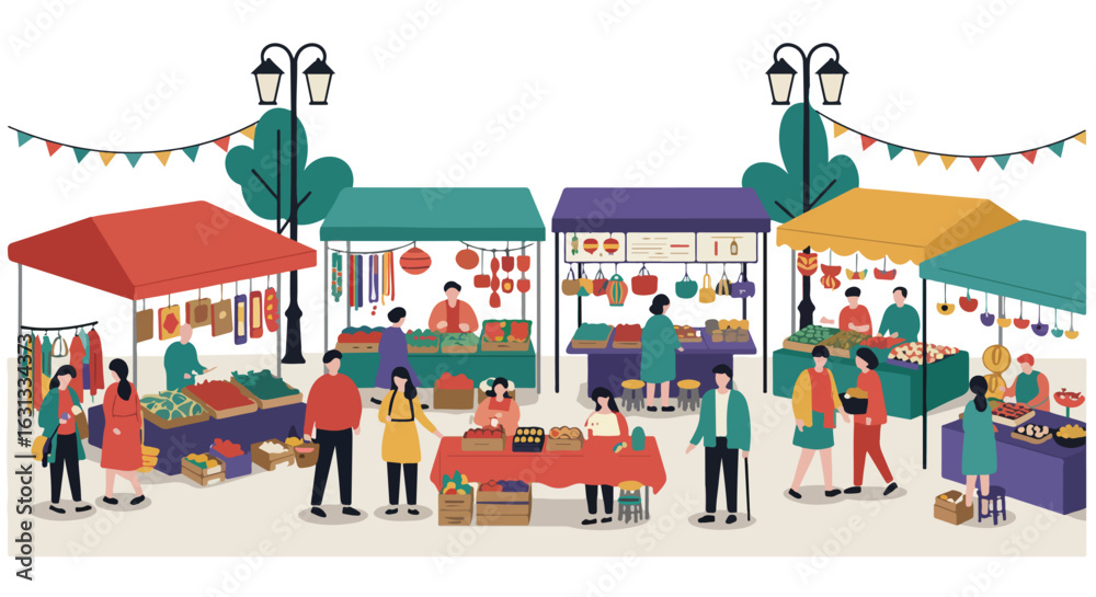 Fototapeta premium People buying goods at outdoor market, trees, lights in background. Vector use