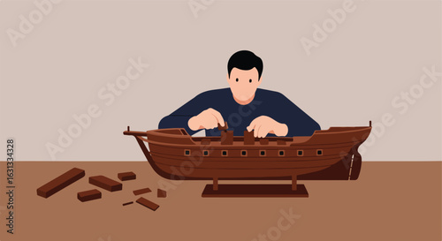 Man builds a ship model; hobby or history concept; plain background and table used
