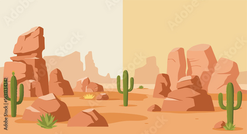 Cartoon desert landscape. Cacti and rocks in hot, dry background. Illustration use