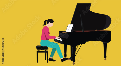 Woman plays piano. Illustration with plain background. Musical lessons use