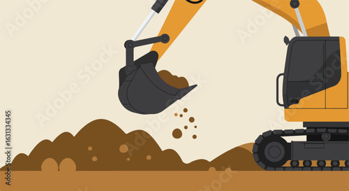 Excavator fills dirt pile on construction site; ground leveling illustration
