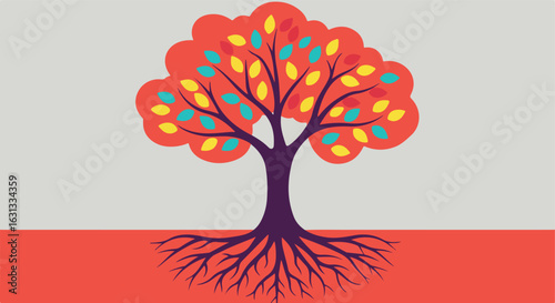 Tree illustration with roots, leaves and trunk on ground for website banner design