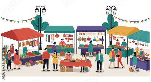 People buying goods at outdoor market, trees, lights in background. Vector use