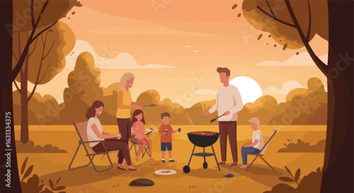 Family grilling meat in a park during sunset, sitting and standing, trees background