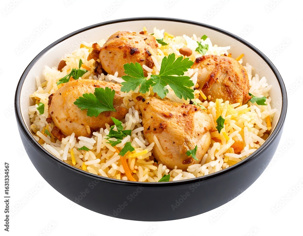 Bowl of chicken and rice, garnished with parsley Bowl of chicken and rice, garnished with parsley