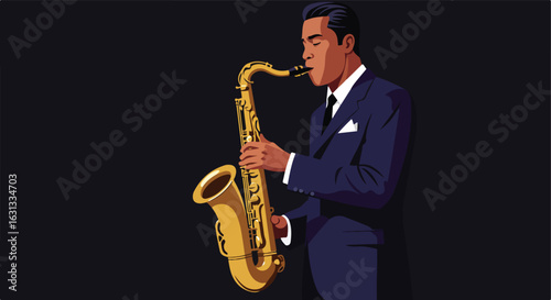 Saxophonist in a suit plays with a dark background, illustration for music event