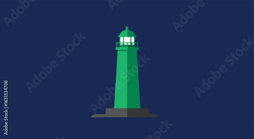 Green lighthouse shines against a dark blue sky, used for maritime safety