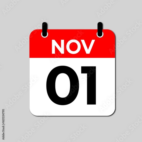November 1 calendar icon flat design illustration. Calendar template, red and white