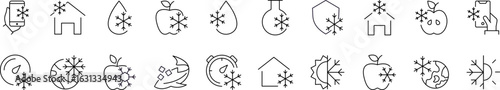 Frozen Line Icon Bundle. Apple, House, Timer, Shield with Snowflake Outline Signs for Graphic and Web Design, Apps, Adverts, Various Cards