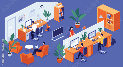 People work at computers in a modern office with plants and furniture, with diagrams
