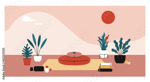 Minimal home decor, with meditation cushion in living room. Hills and sun background