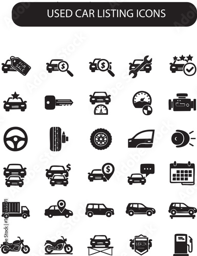 Set of Used Car Listing Icons – Collection of Automotive Symbols for Online Marketplace, Dealership, and Vehicle Sale Platforms