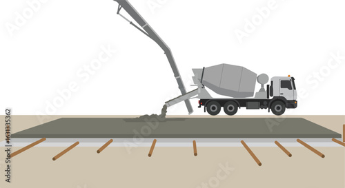 Cement truck pours slab on ground. Flat, isolated on white, stock footage use