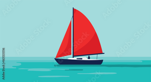 Red Sailboat On Calm Sea, With Minimalist Background. Illustration