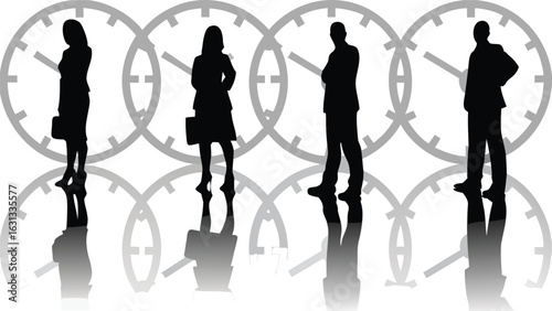 Silhouettes of business people in front of clocks implying time management and deadlines at work place