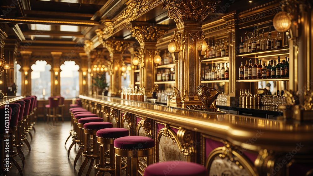 Fototapeta premium Luxurious Golden Bar Interior with Opulent Design Elements