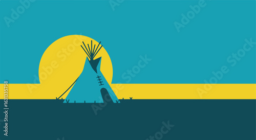 Tent standing on a background with a rising sun for use in heritage learning