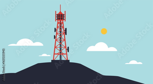 Red tower relays signal atop hill, against a sunny sky with white clouds