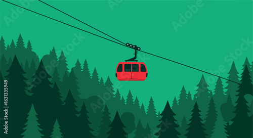 Red cable car rises above forest trees. For mountain tourism posters, websites