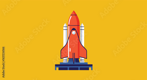 Cartoon rocket taking off on yellow backdrop, illustration for blog or education