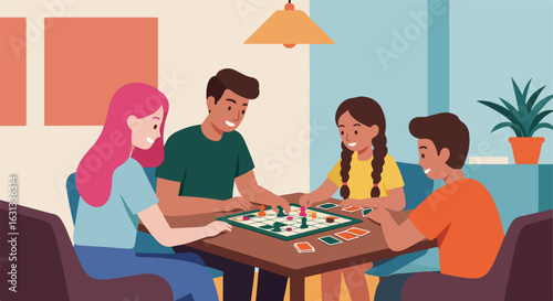 Group plays a board game on a table in a cozy living room with a plant behind them