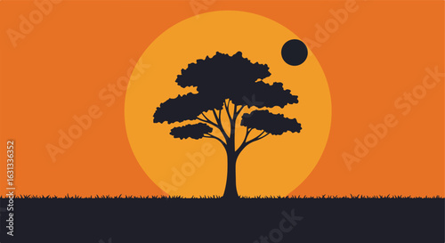Tree silhouette at dusk in a field, with a setting sun, for backgrounds or web design