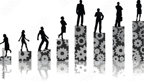 Silhouetted figures ascend gear patterned bars representing growth and success in a corporate environment