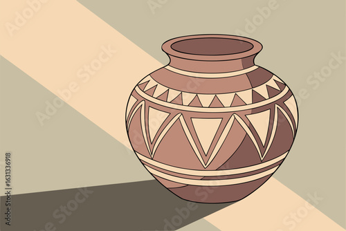 Brown clay pot with geometric patterns and shadow on a beige and green background ceramic earthenware