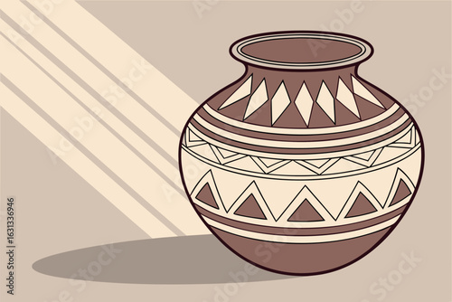 Brown earthenware pot with geometric patterns and shadow on a beige background pottery ceramic