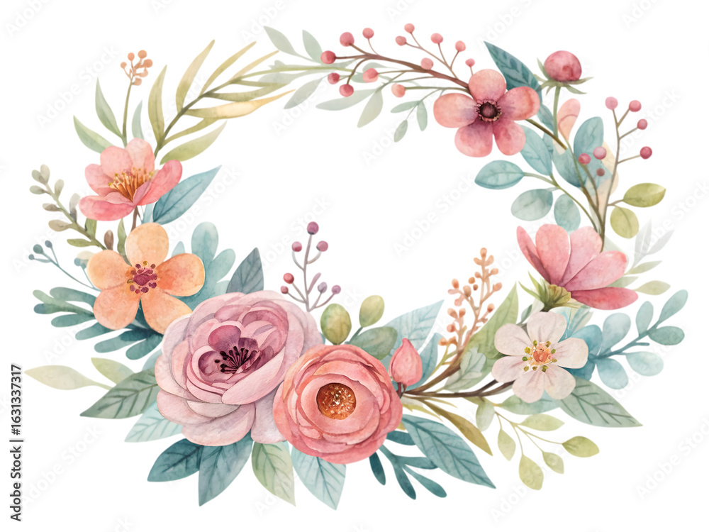 Fototapeta premium Watercolor rose and floral wreath isolated on transparent background. Flower illustration png.