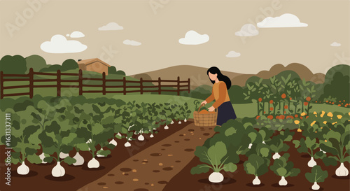 Woman harvesting vegetables in a garden with a farm house and trees background