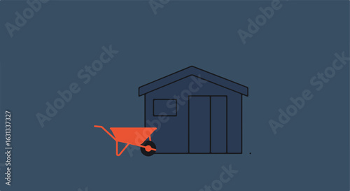 Illustrated shed with wheelbarrow for gardening or storage concepts