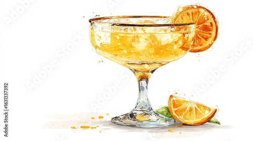 Watercolor-style cocktail in coupe glass, garnished with orange slices