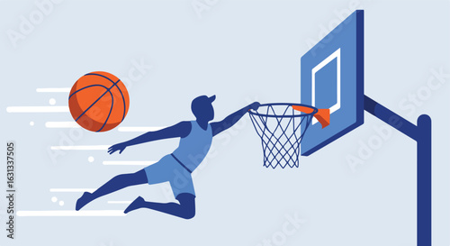 Basketball player dunks while ball moves in simple graphic vector background