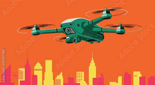 Cartoon Drone Flying Over Cityscape on Orange Background, used for videography