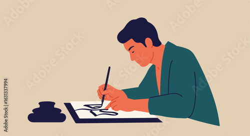Man writing calligraphy using a brush, with ink in the background, at a table