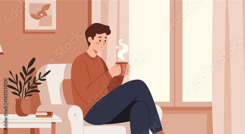 Person drinking a beverage sitting near a window in a cozy room interior space