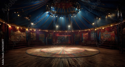 Circus stage awaits performers under big top lights surrounded by vintage striped tent 
