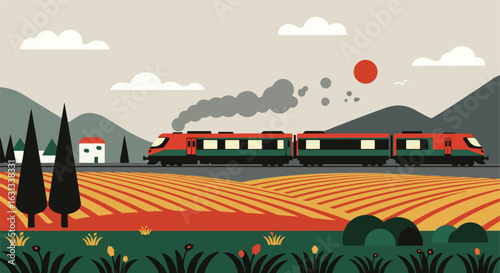Train moving through fields and village, with a rising sun and hills in background
