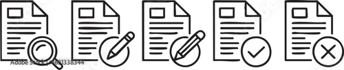 Collection of essential document management icons including search edit confirmation checkmark and cancellation cross signs for digital interfaces and workflows