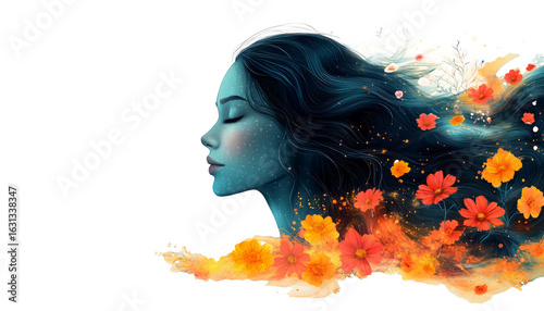 An illustration of woman with flowers, Generative AI