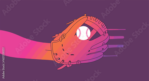 Ball caught by glove for sports banner against purple backdrop. Use Baseball ads