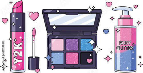 Glamorous Y2K cosmetic vector art with eyeshadow and body glitter
