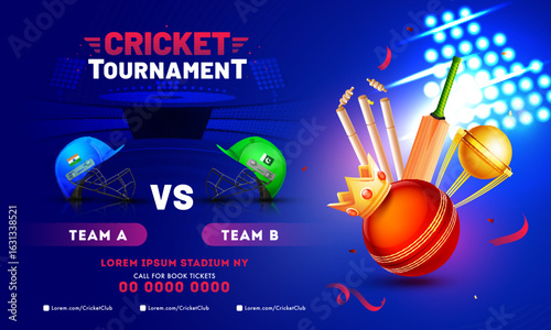 Cricket Tournament banner design with cricket equipment, winner crown, champion trophy and cricket attire helmet of participants teams India and Pakistan.