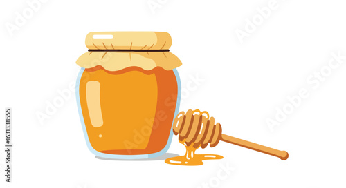 Open honey jar with dipper dripping, on a solid background, for natural sweetness