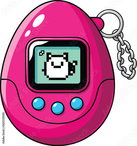 Y2K nostalgia concept with a pink retro virtual pet toy keychain.