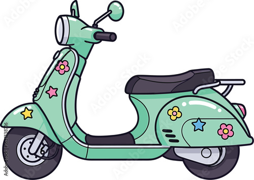 A mint green Y2K style motor scooter with fun flower and star stickers