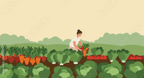 Harvesting fresh produce from a garden with background hills, for healthy living